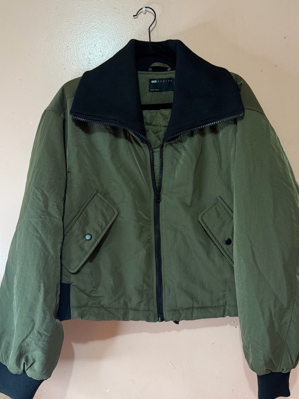 ASOS DESIGN Olive Green Padded Bomber Jacket Black Collar US 10